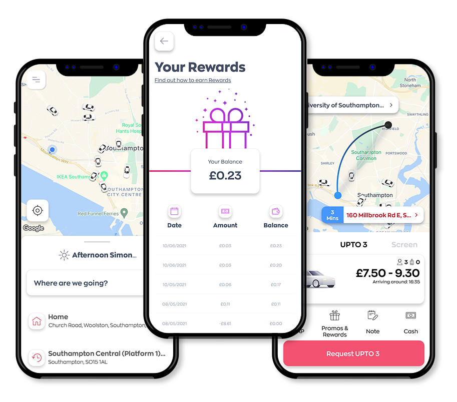 Radio Taxis mobile booking app, showing the rewards section of app.